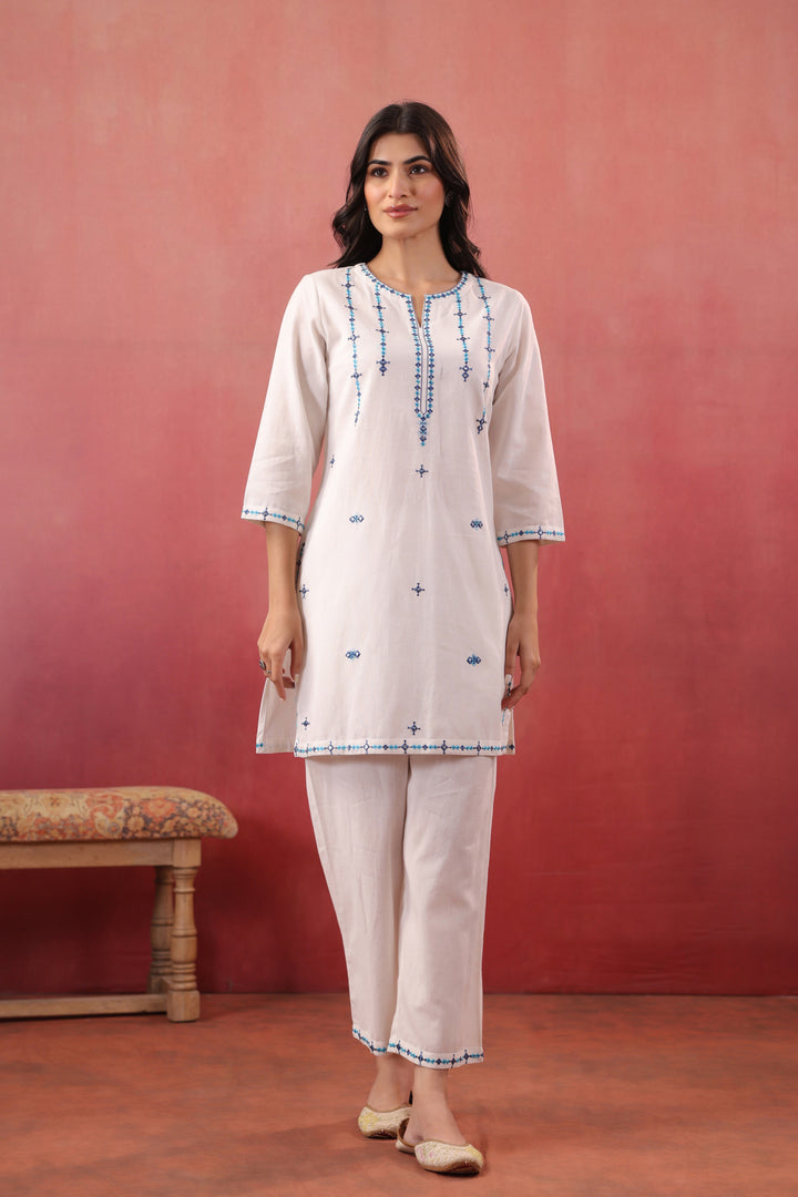 White Cotton Flex Embroidered Kurta Pant Set