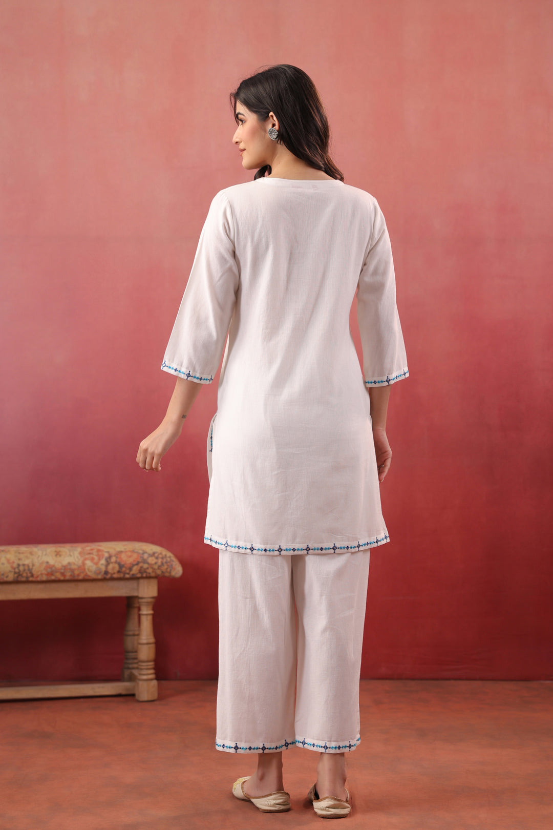 White Cotton Flex Embroidered Kurta Pant Set