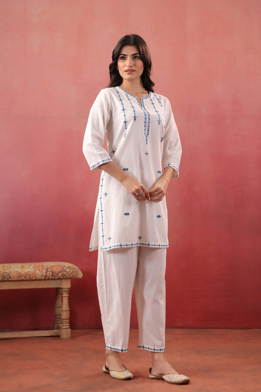 White Cotton Flex Embroidered Kurta Pant Set
