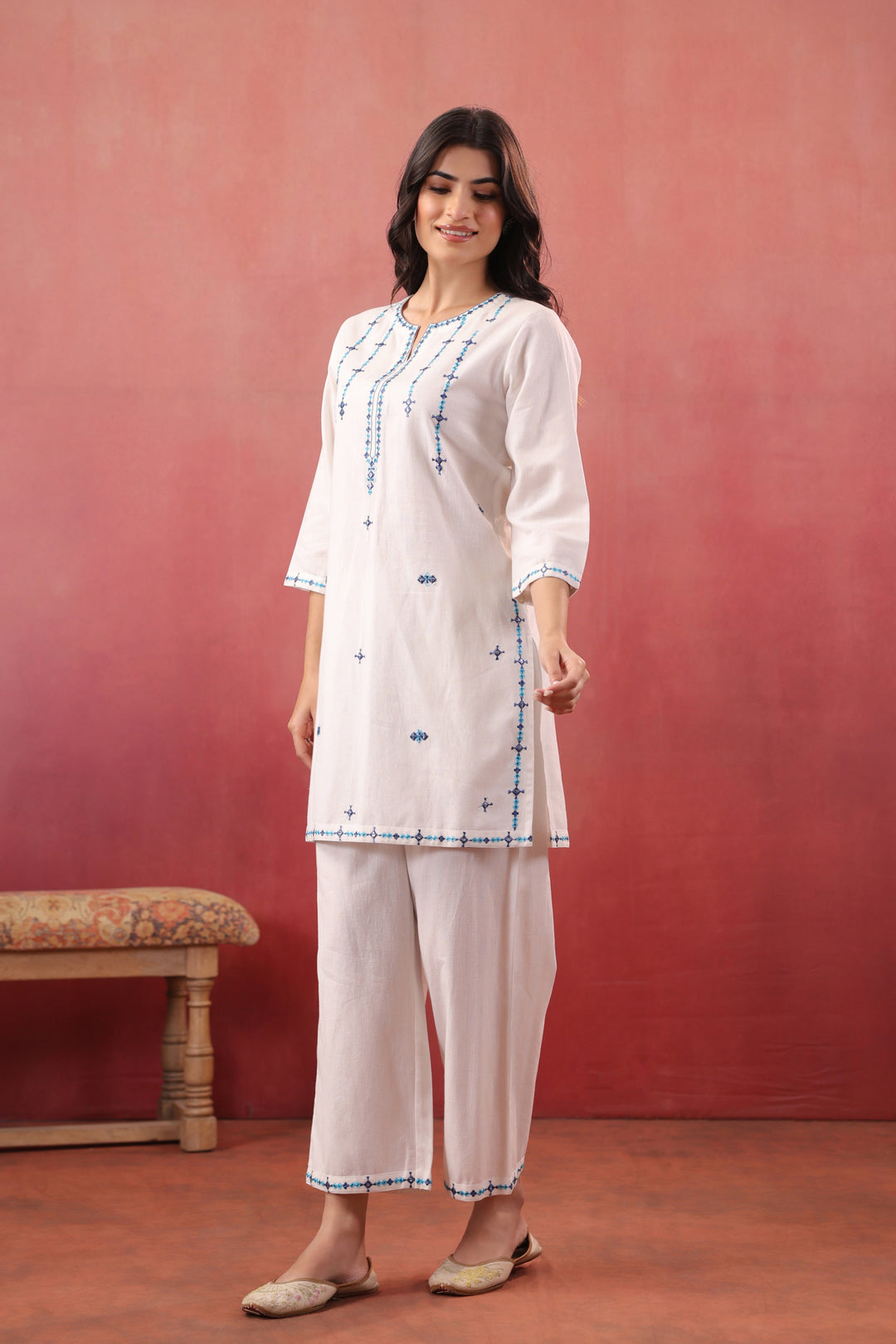 White Cotton Flex Embroidered Kurta Pant Set