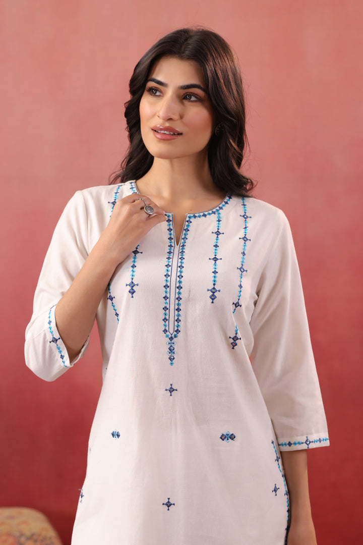 White Cotton Flex Embroidered Kurta Pant Set
