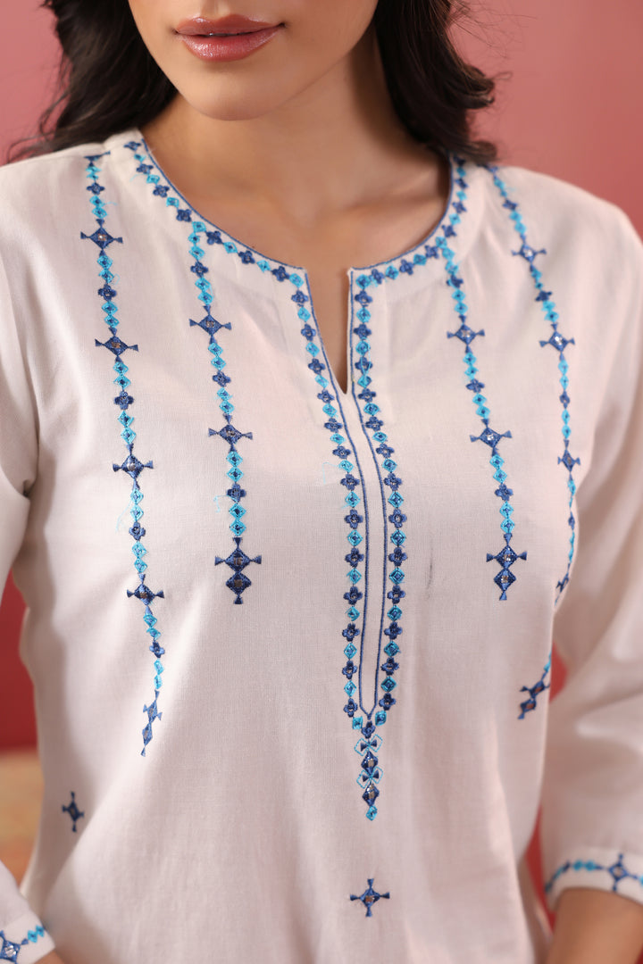 White Cotton Flex Embroidered Kurta Pant Set