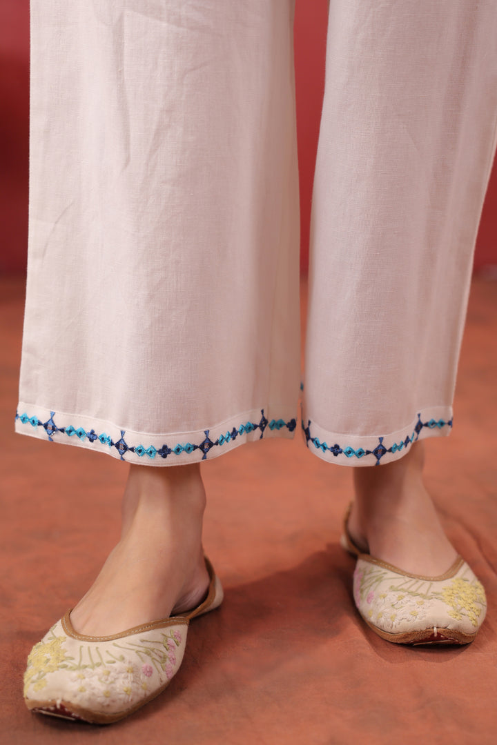 White Cotton Flex Embroidered Kurta Pant Set