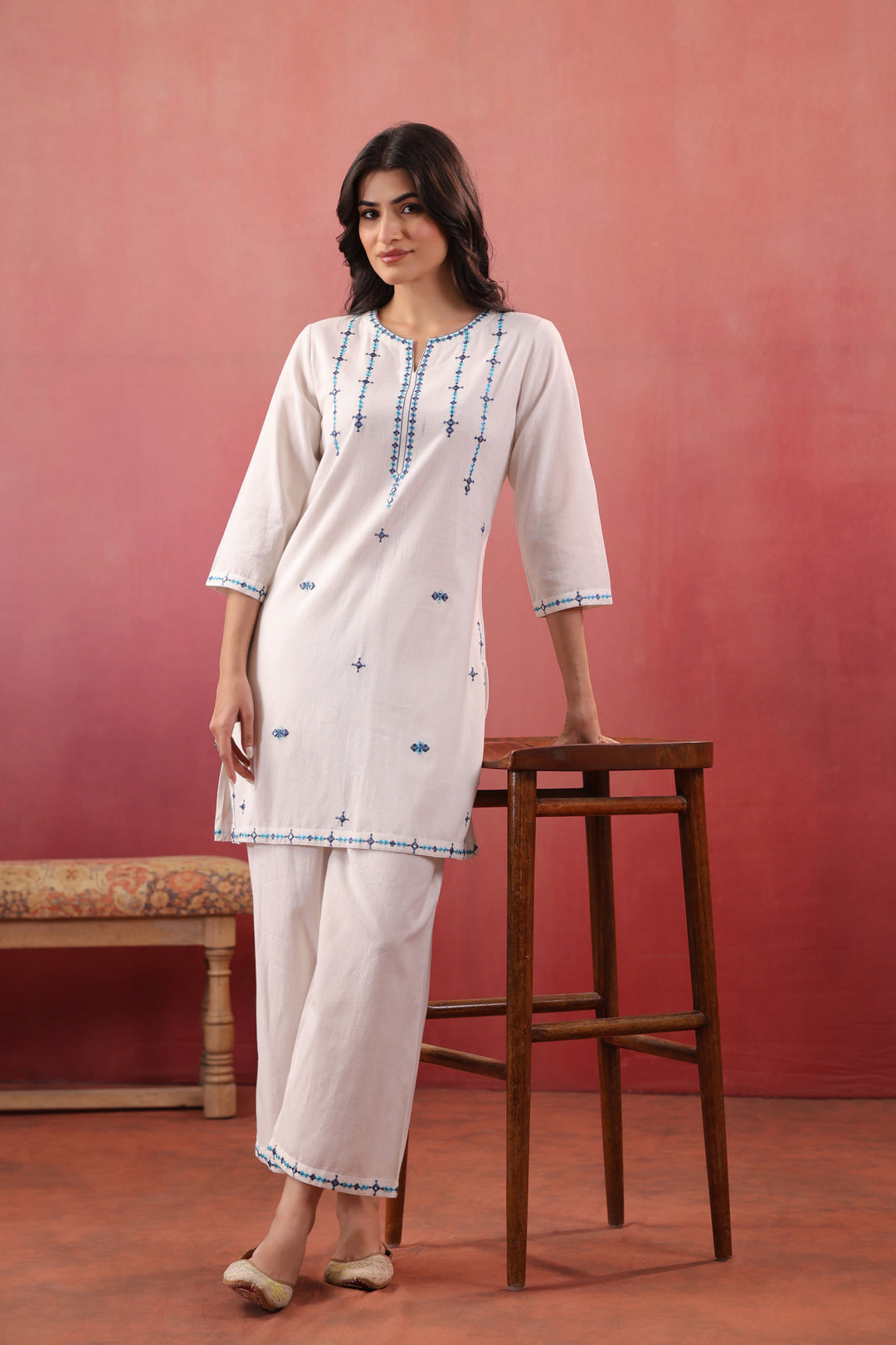 White Cotton Flex Embroidered Kurta Pant Set