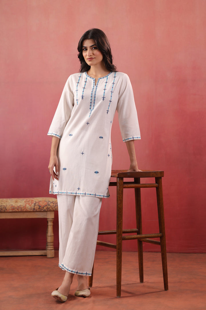 White Cotton Flex Embroidered Kurta Pant Set