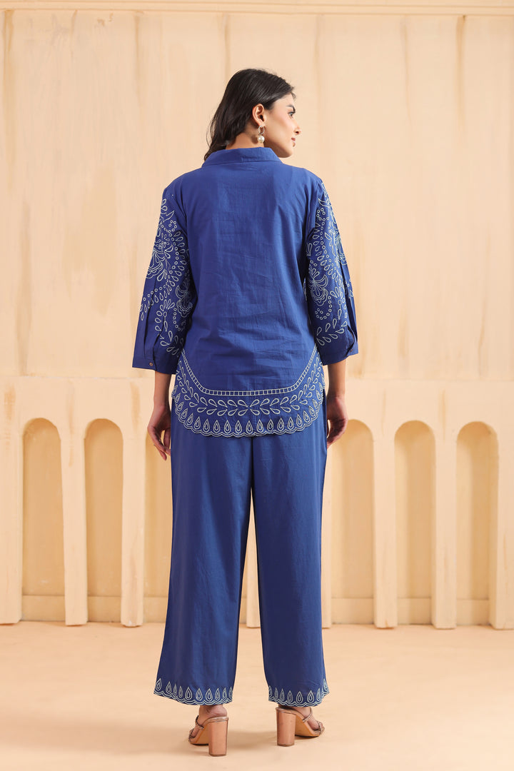 Blue Cotton Embroidered Designer Co Ords Set