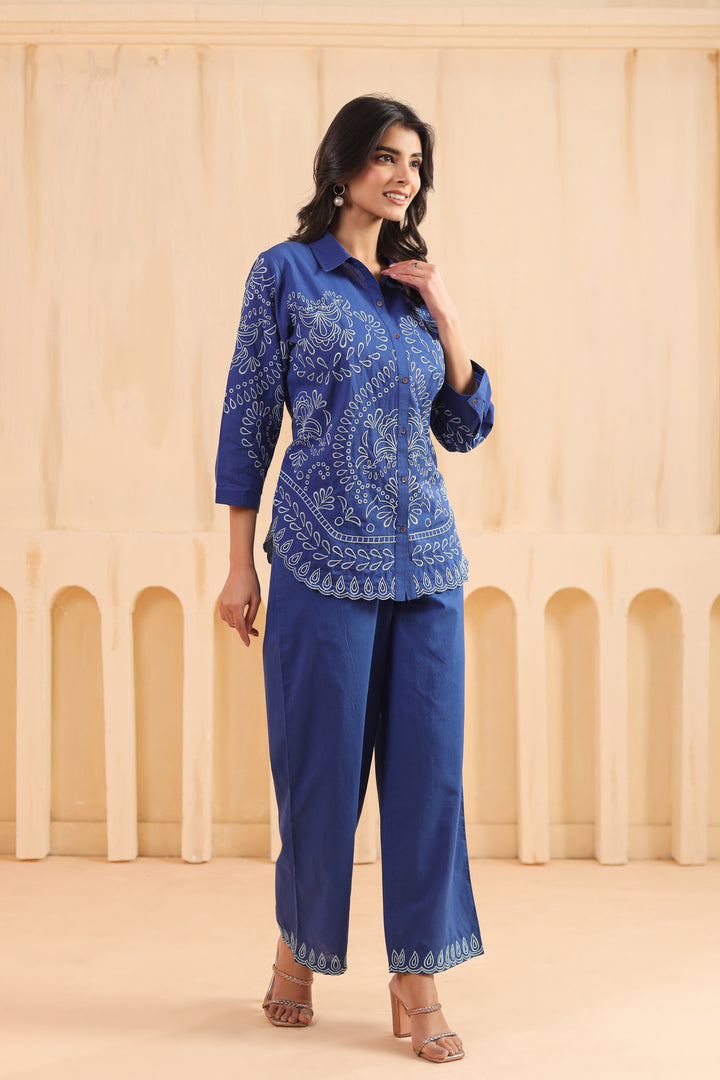 Blue Cotton Embroidered Designer Co Ords Set