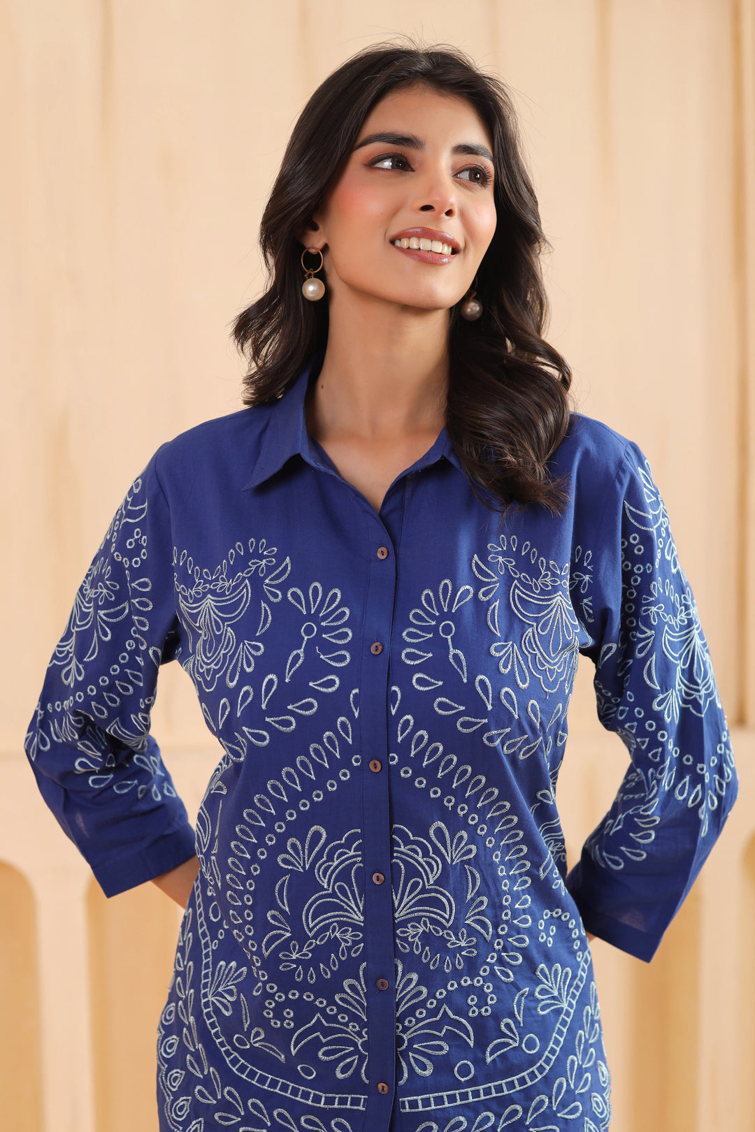 Blue Cotton Embroidered Designer Co Ords Set