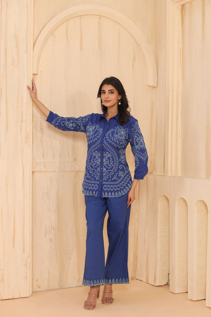 Blue Cotton Embroidered Designer Co Ords Set