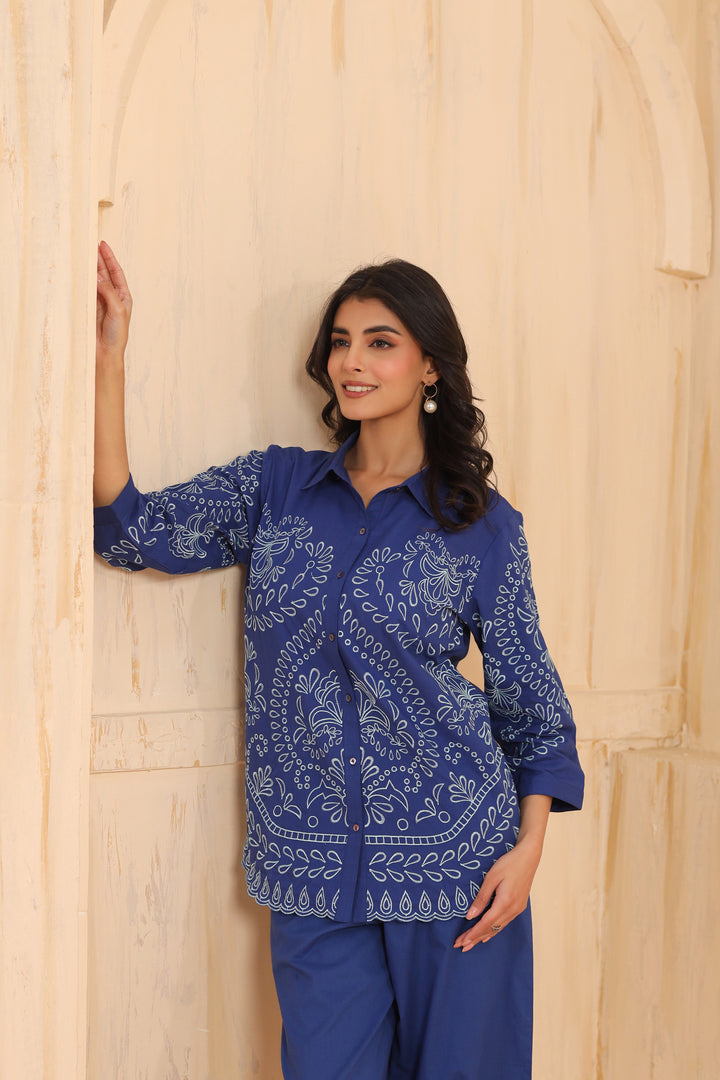 Blue Cotton Embroidered Designer Co Ords Set