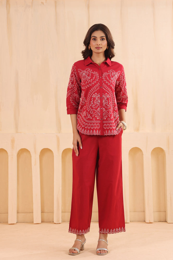 Red Cotton Embroidered Designer Co Ords Set