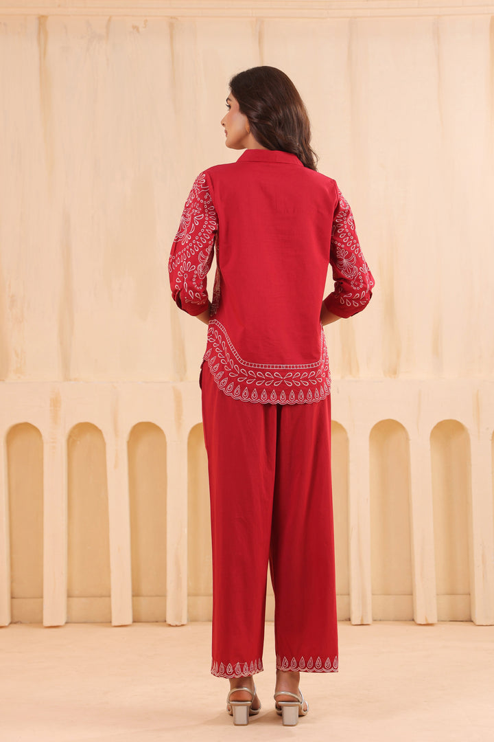 Red Cotton Embroidered Designer Co Ords Set