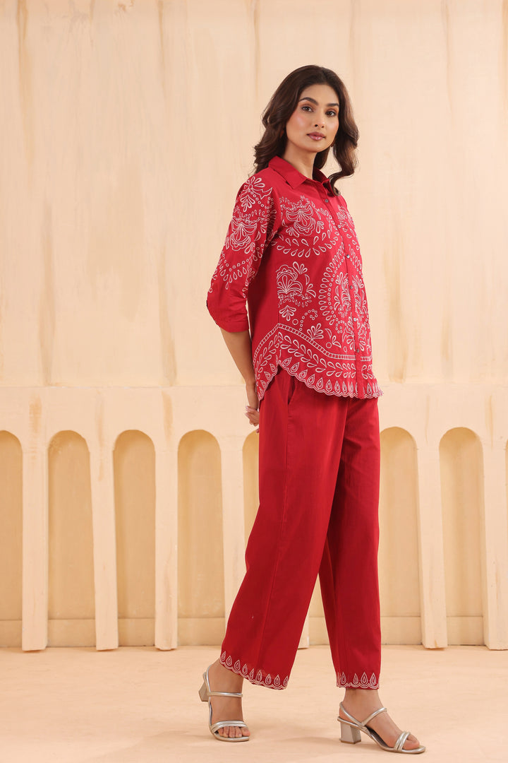 Red Cotton Embroidered Designer Co Ords Set