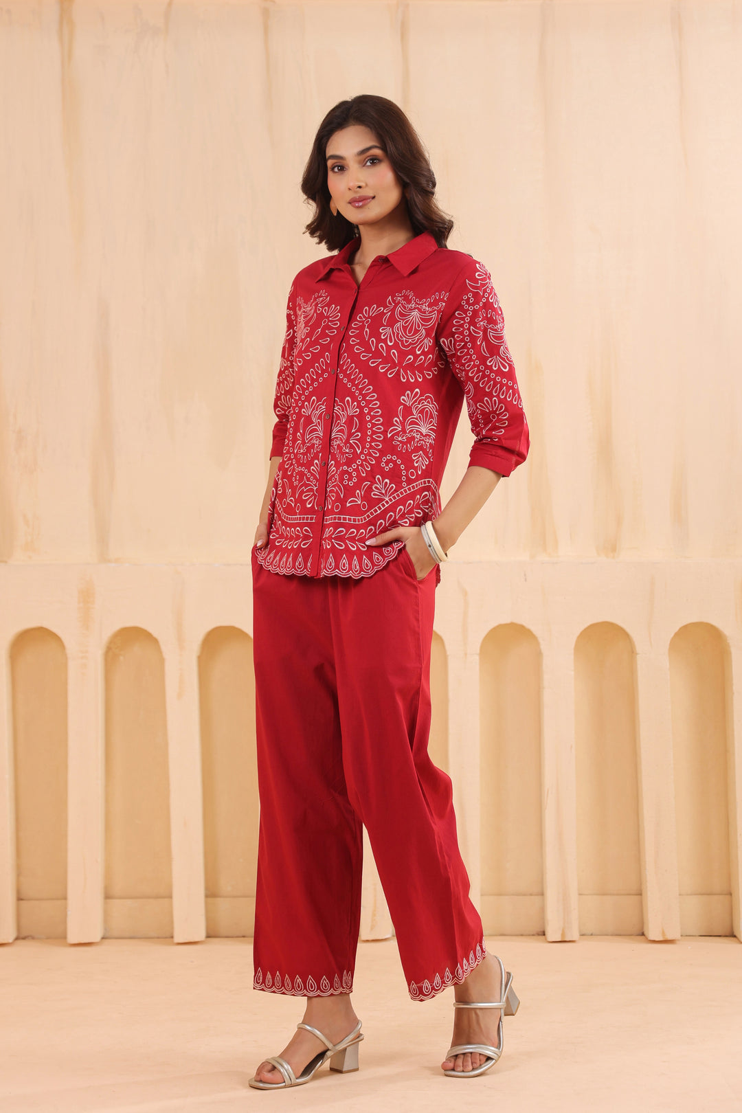 Red Cotton Embroidered Designer Co Ords Set