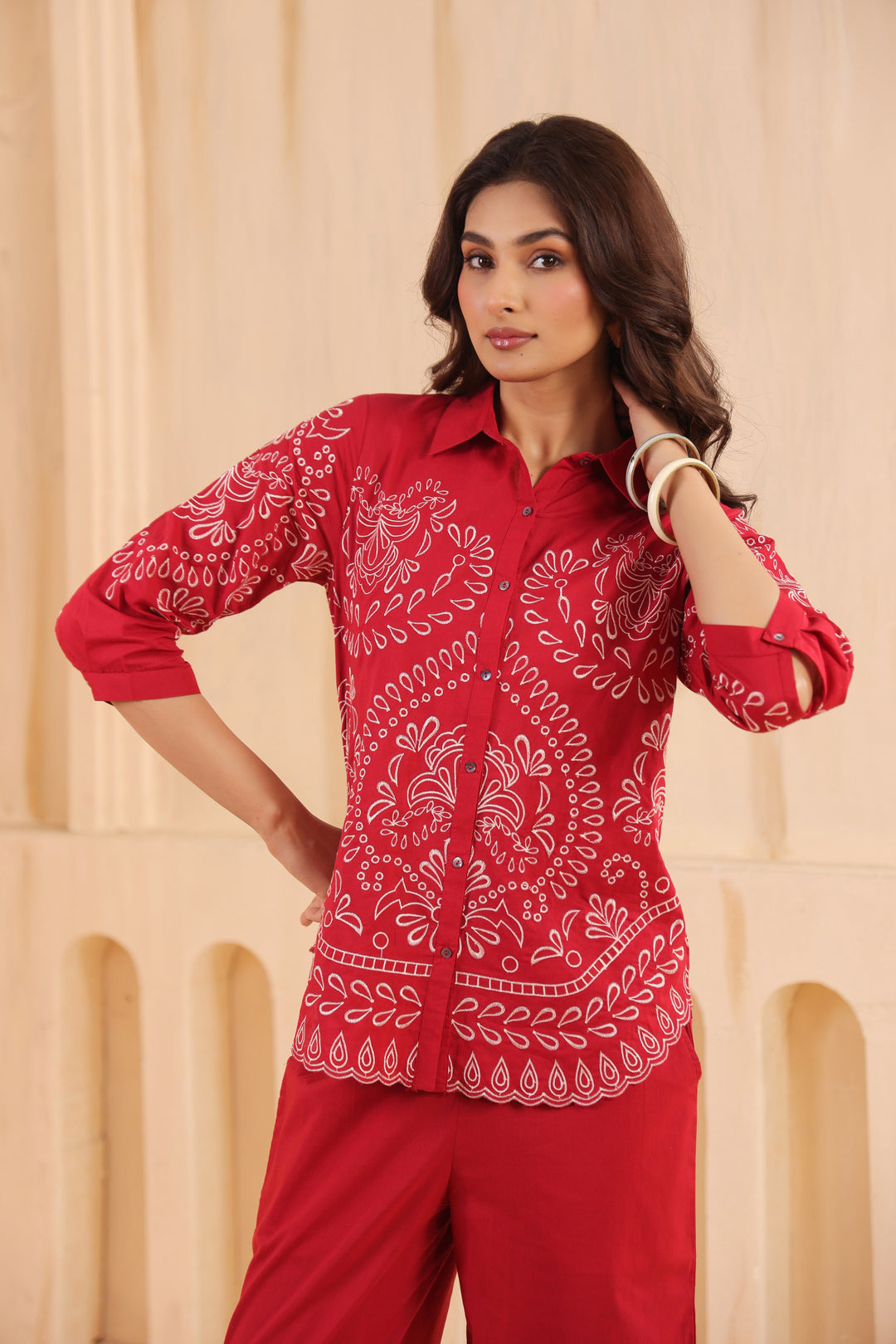 Red Cotton Embroidered Designer Co Ords Set