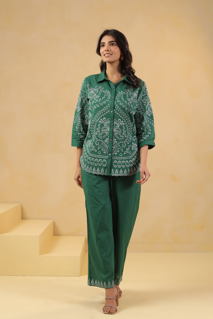 Green Cotton Embroidered Designer Co Ords Set