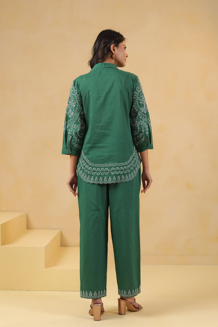 Green Cotton Embroidered Designer Co Ords Set