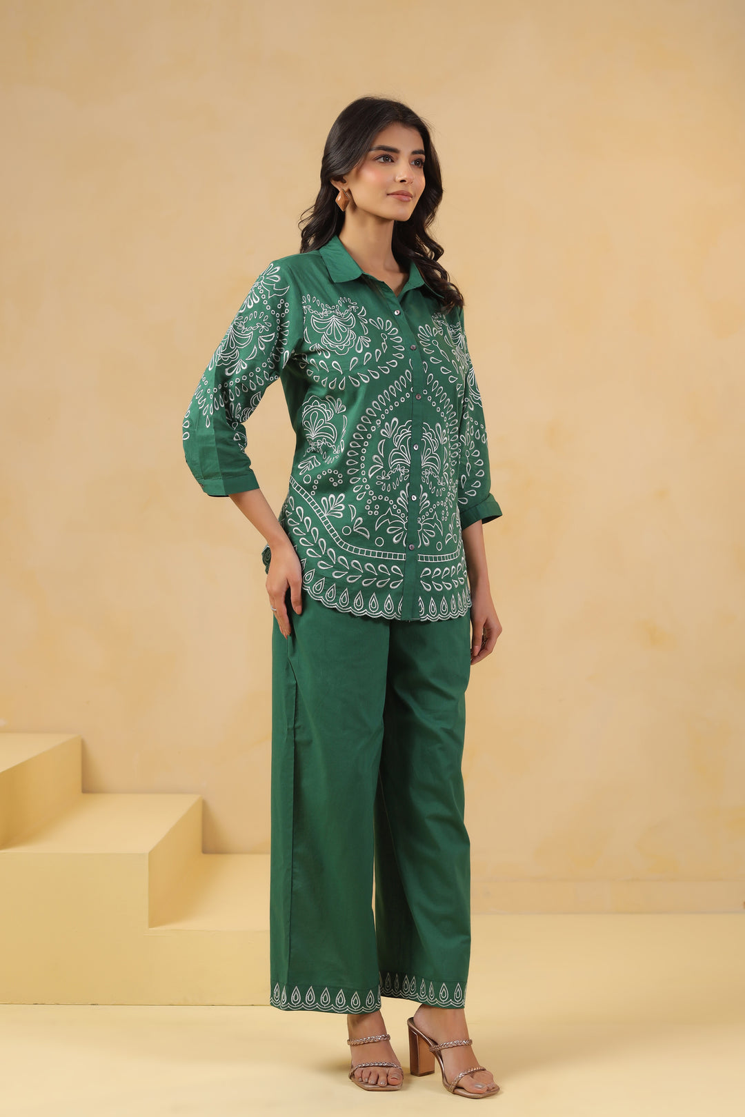 Green Cotton Embroidered Designer Co Ords Set
