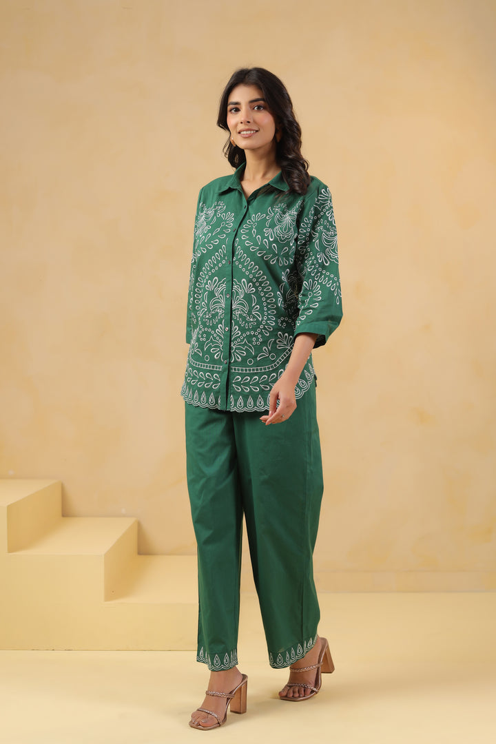 Green Cotton Embroidered Designer Co Ords Set