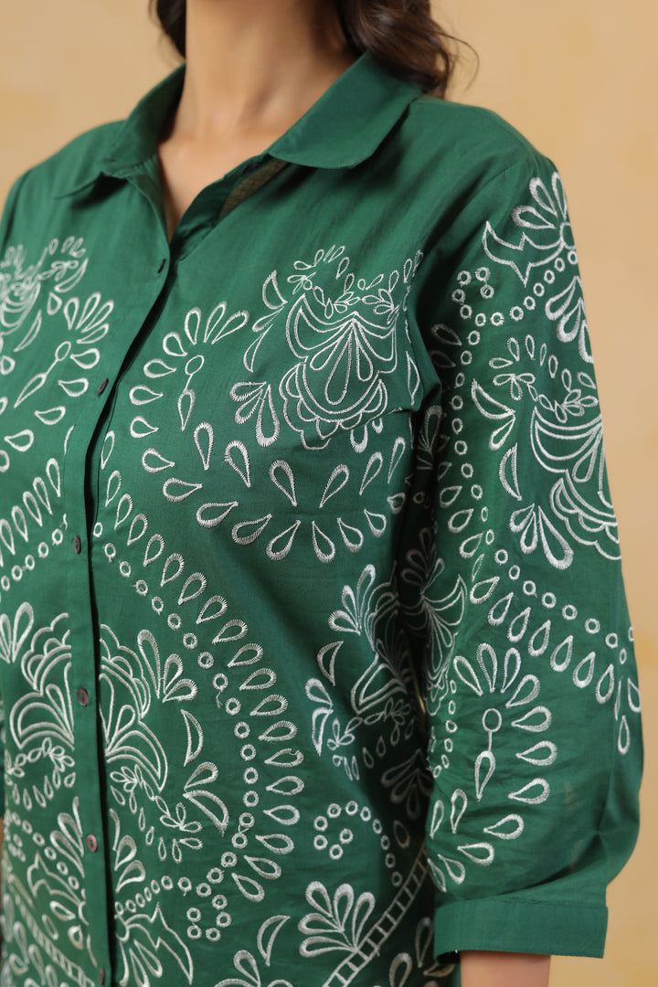 Green Cotton Embroidered Designer Co Ords Set