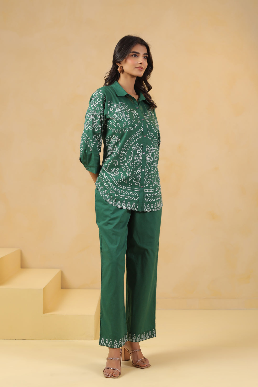 Green Cotton Embroidered Designer Co Ords Set