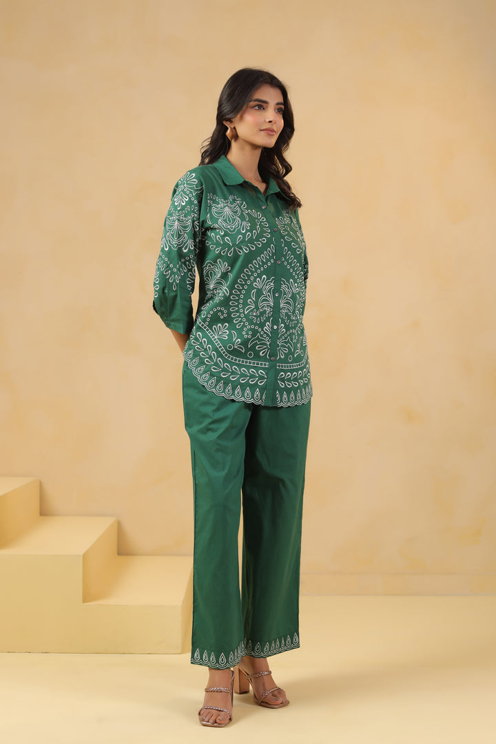 Green Cotton Embroidered Designer Co Ords Set