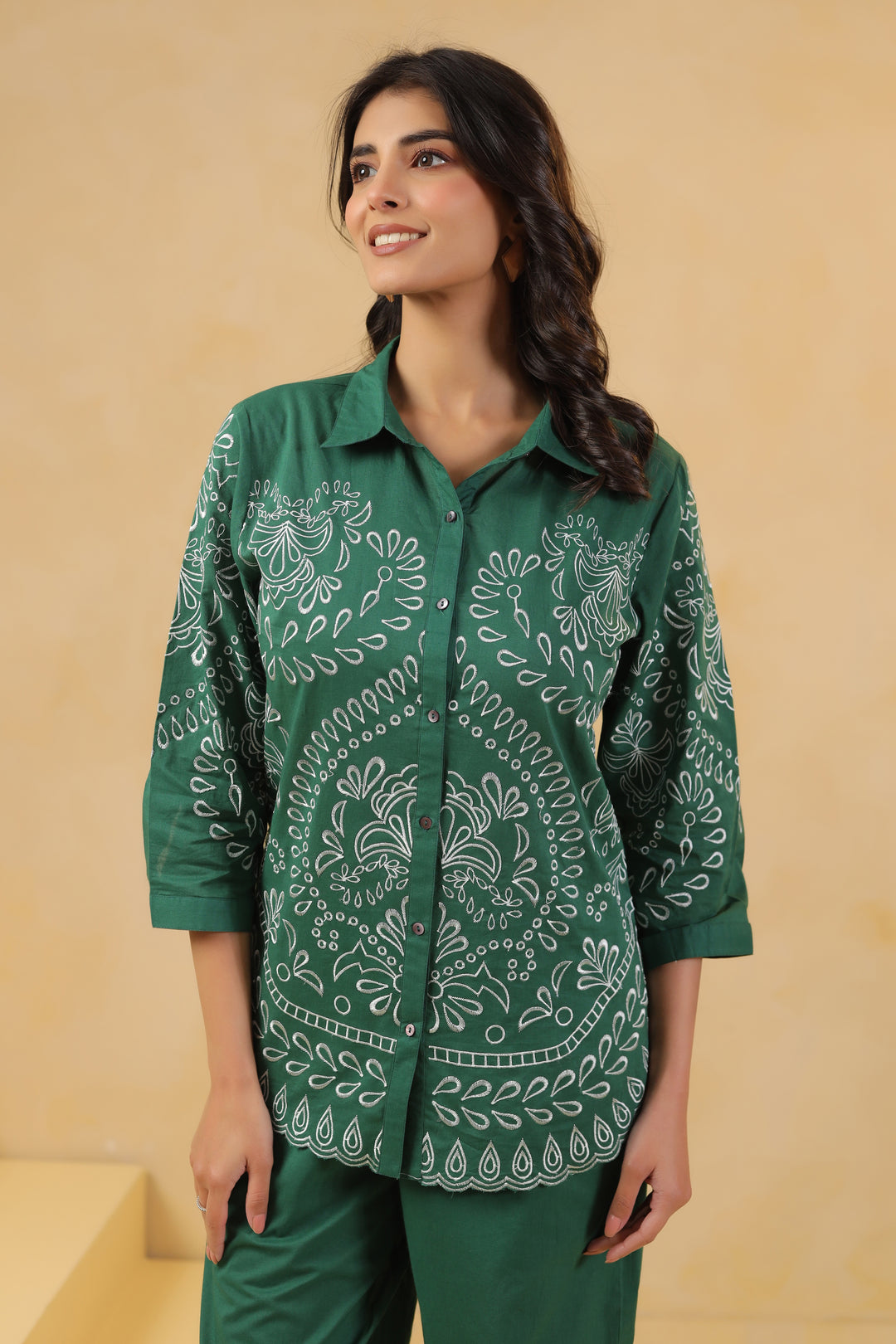 Green Cotton Embroidered Designer Co Ords Set
