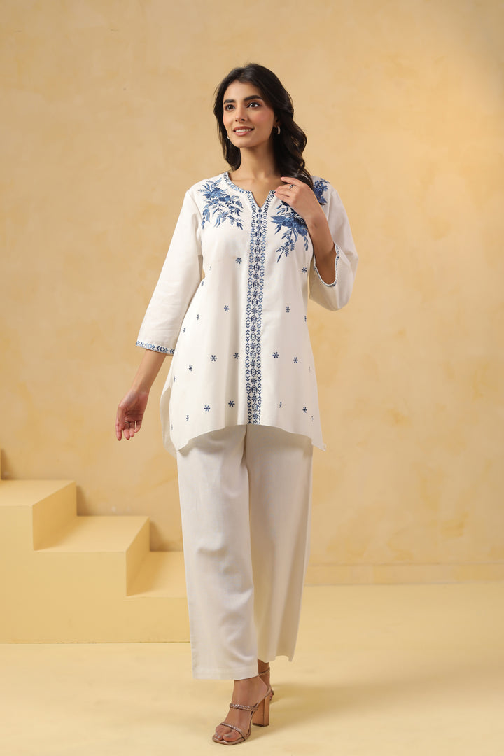 Off White Cotton Embroidered Designer Cord Set