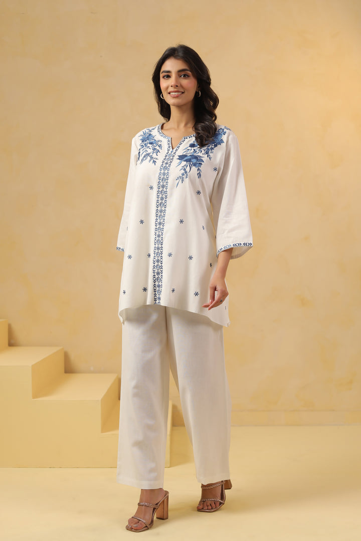 Off White Cotton Embroidered Designer Cord Set