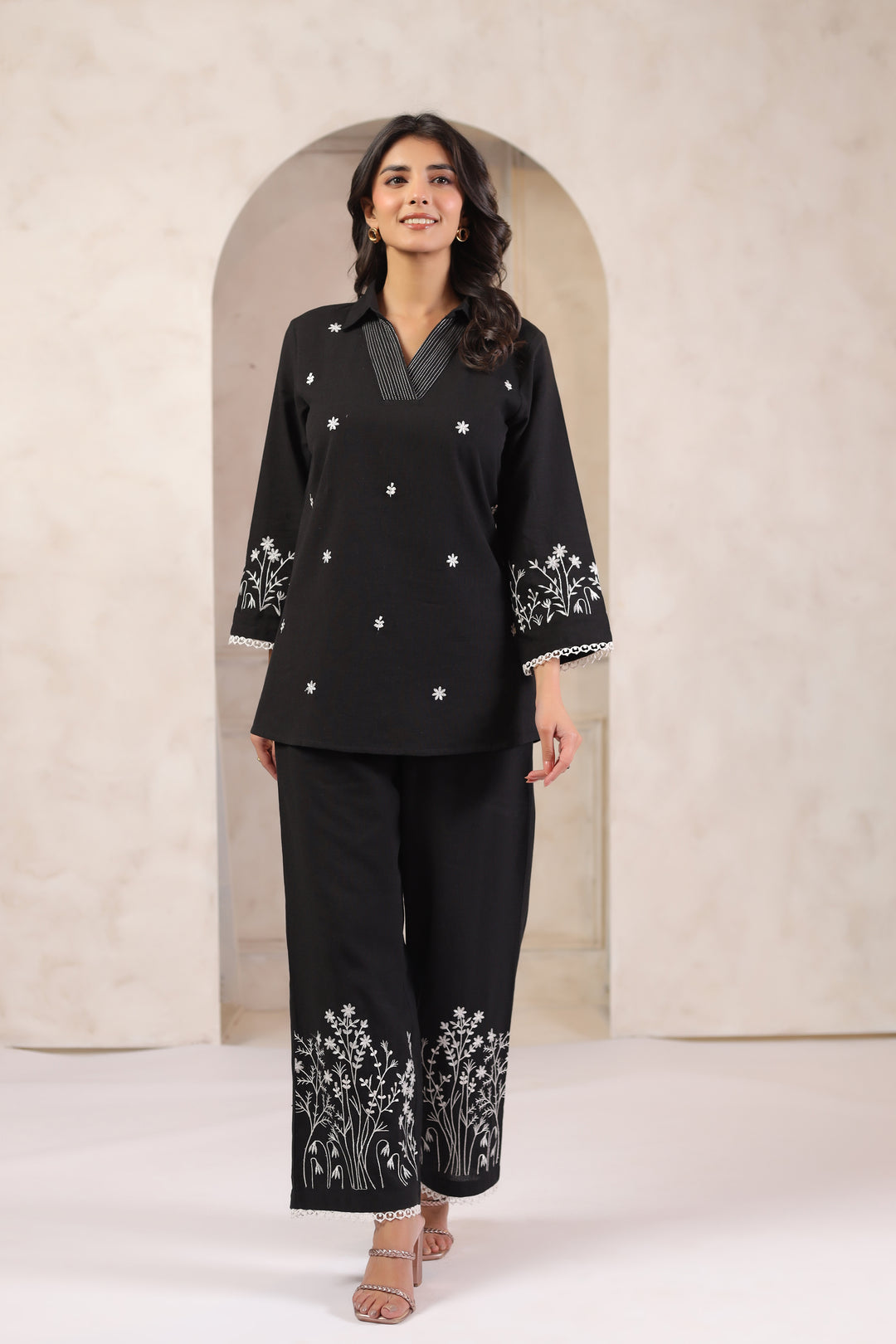 Black Cotton Flex Embroidered Designer Co ords Set