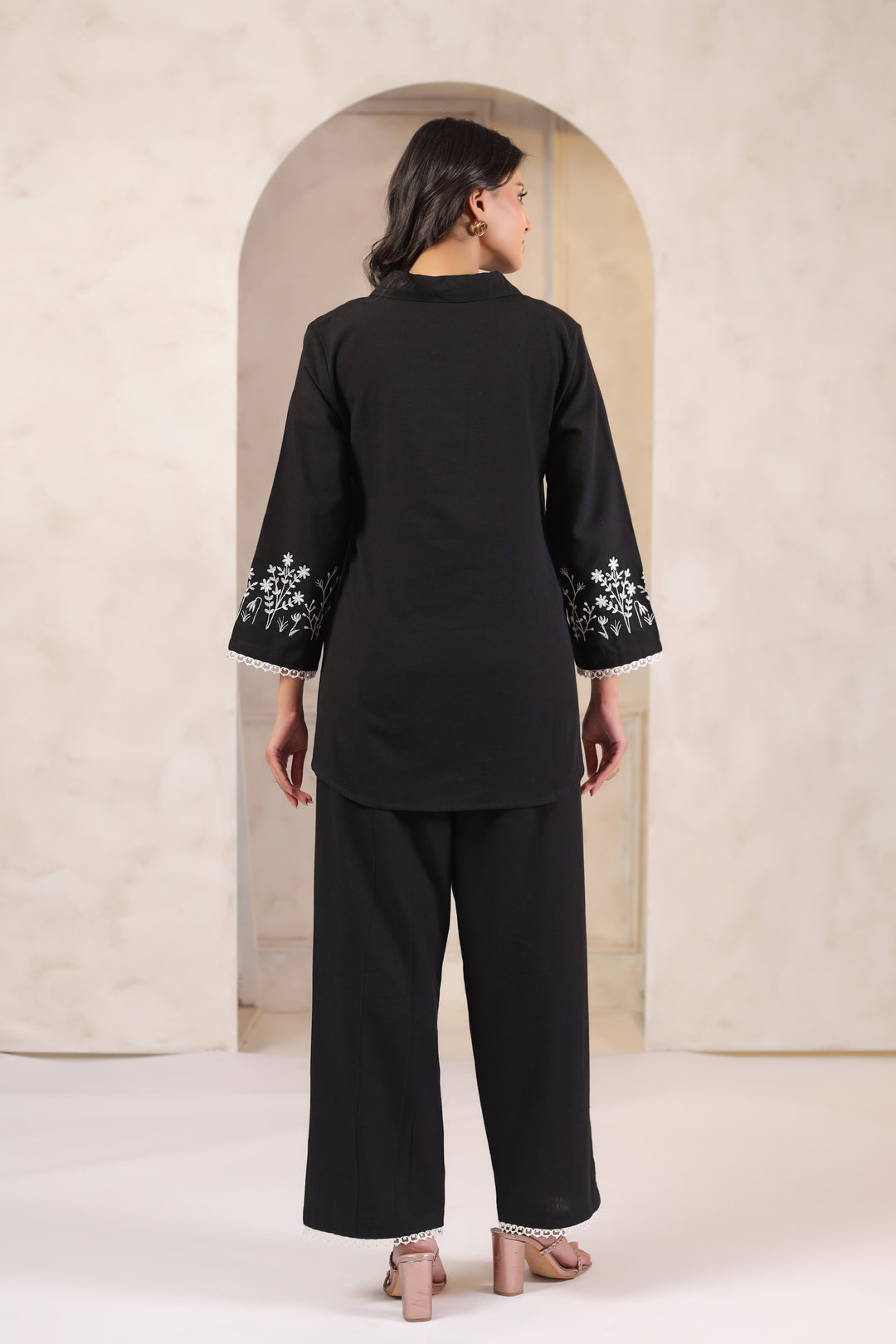 Black Cotton Flex Embroidered Designer Co ords Set
