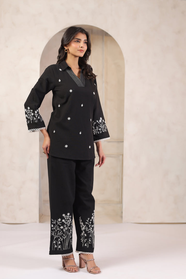 Black Cotton Flex Embroidered Designer Co ords Set