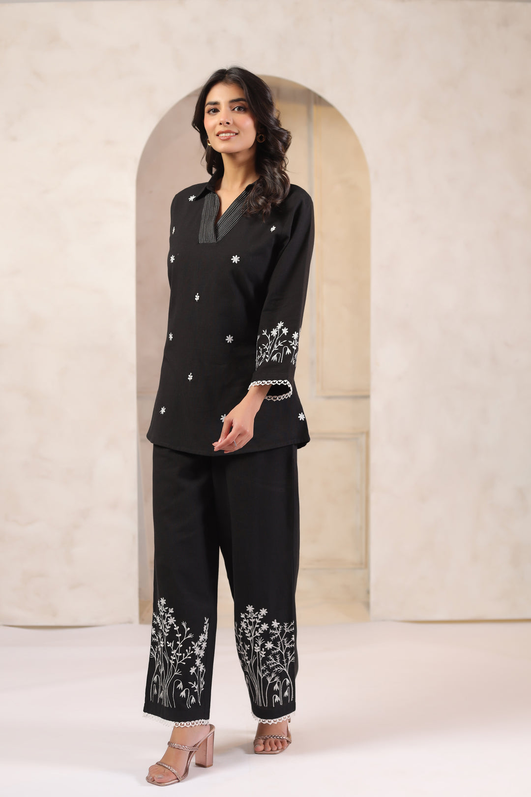 Black Cotton Flex Embroidered Designer Co ords Set