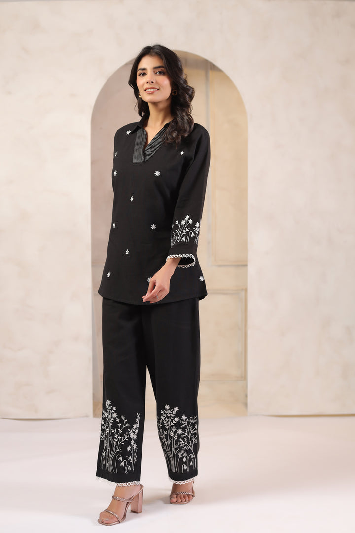 Black Cotton Flex Embroidered Designer Co ords Set