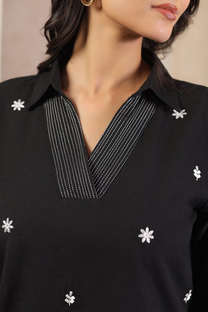 Black Cotton Flex Embroidered Designer Co ords Set