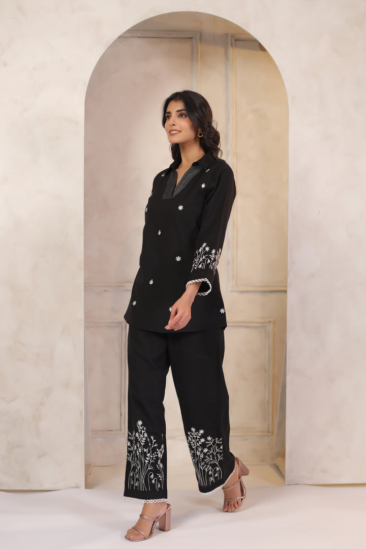 Black Cotton Flex Embroidered Designer Co ords Set