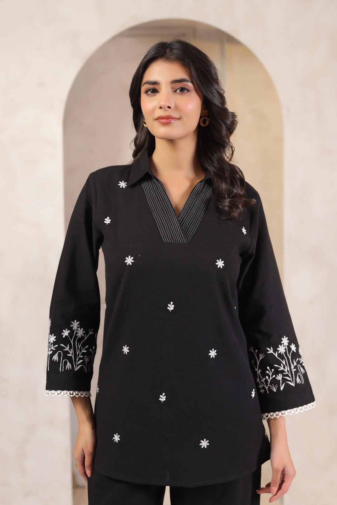 Black Cotton Flex Embroidered Designer Co ords Set