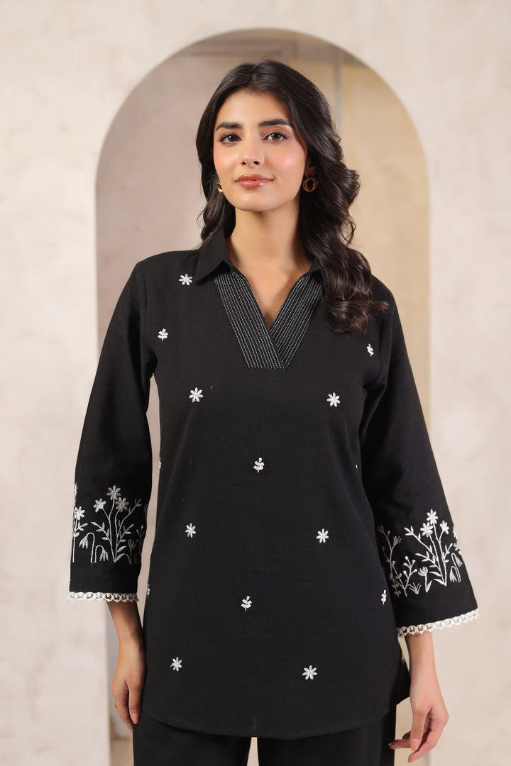 Black Cotton Flex Embroidered Designer Co ords Set