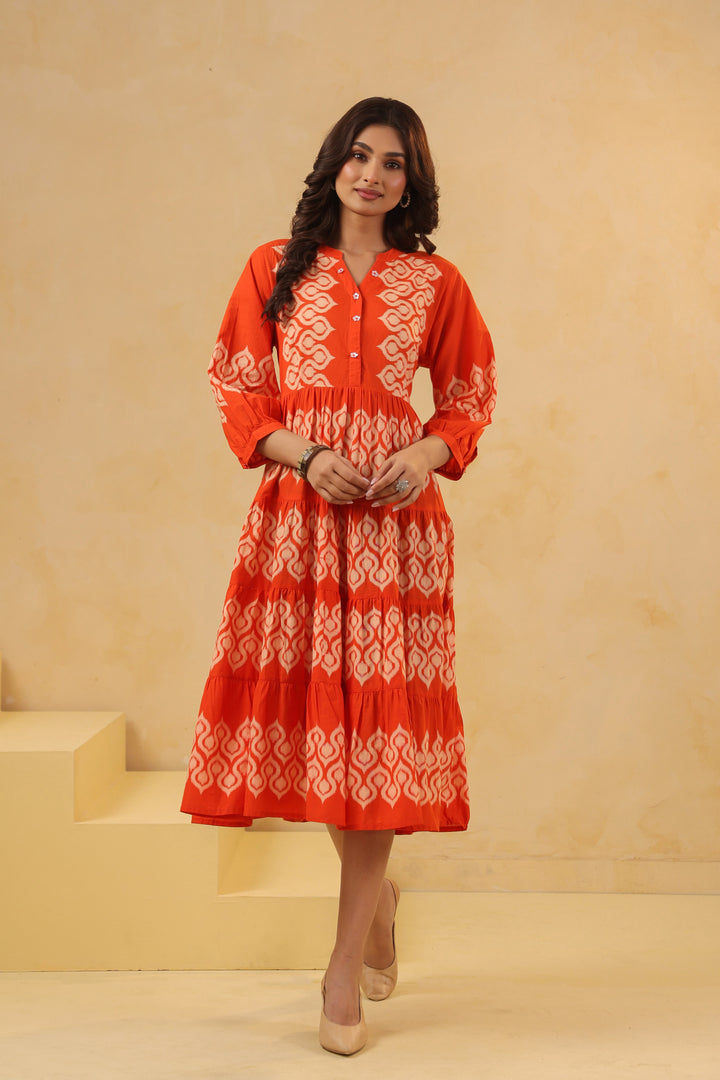 Orange Cotton Printed Designer Flared Dress