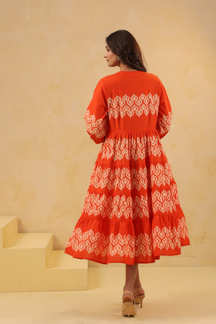 Orange Cotton Printed Designer Flared Dress