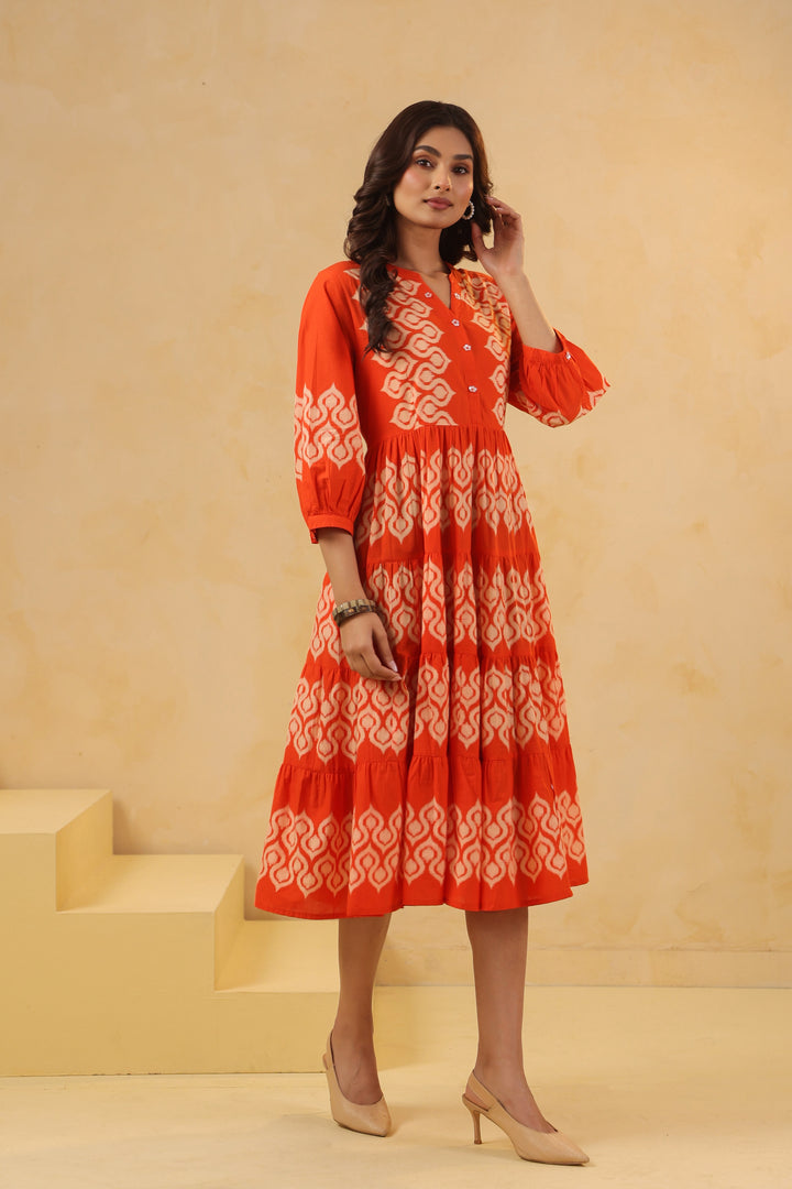 Orange Cotton Printed Designer Flared Dress