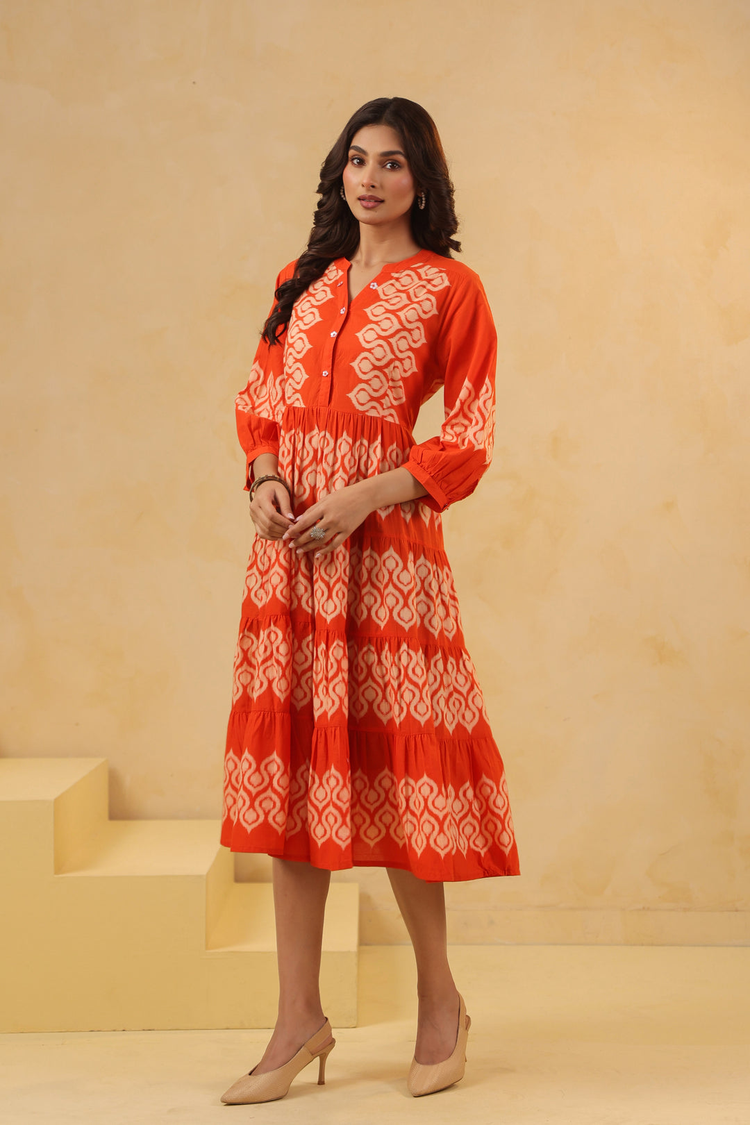 Orange Cotton Printed Designer Flared Dress