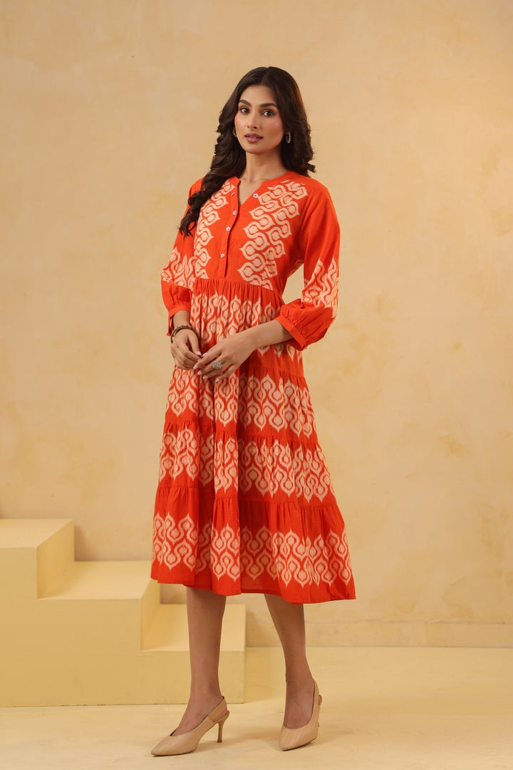Orange Cotton Printed Designer Flared Dress