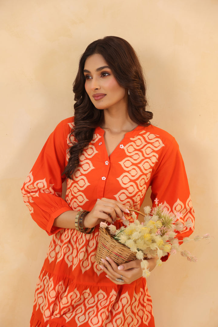 Orange Cotton Printed Designer Flared Dress