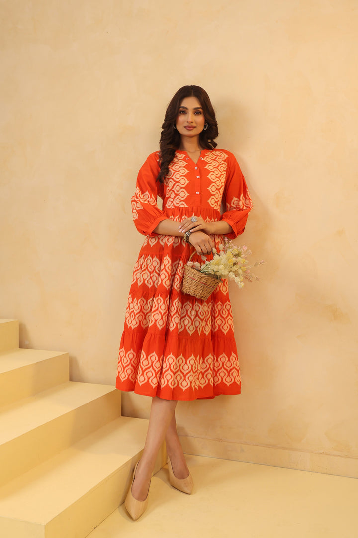 Orange Cotton Printed Designer Flared Dress