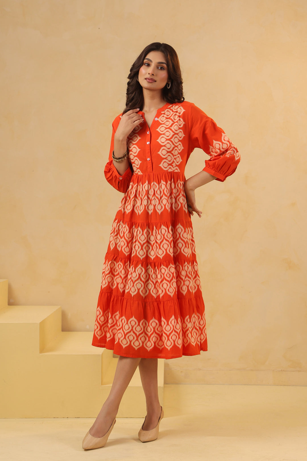 Orange Cotton Printed Designer Flared Dress