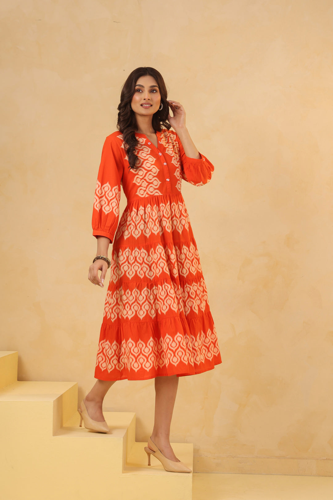 Orange Cotton Printed Designer Flared Dress