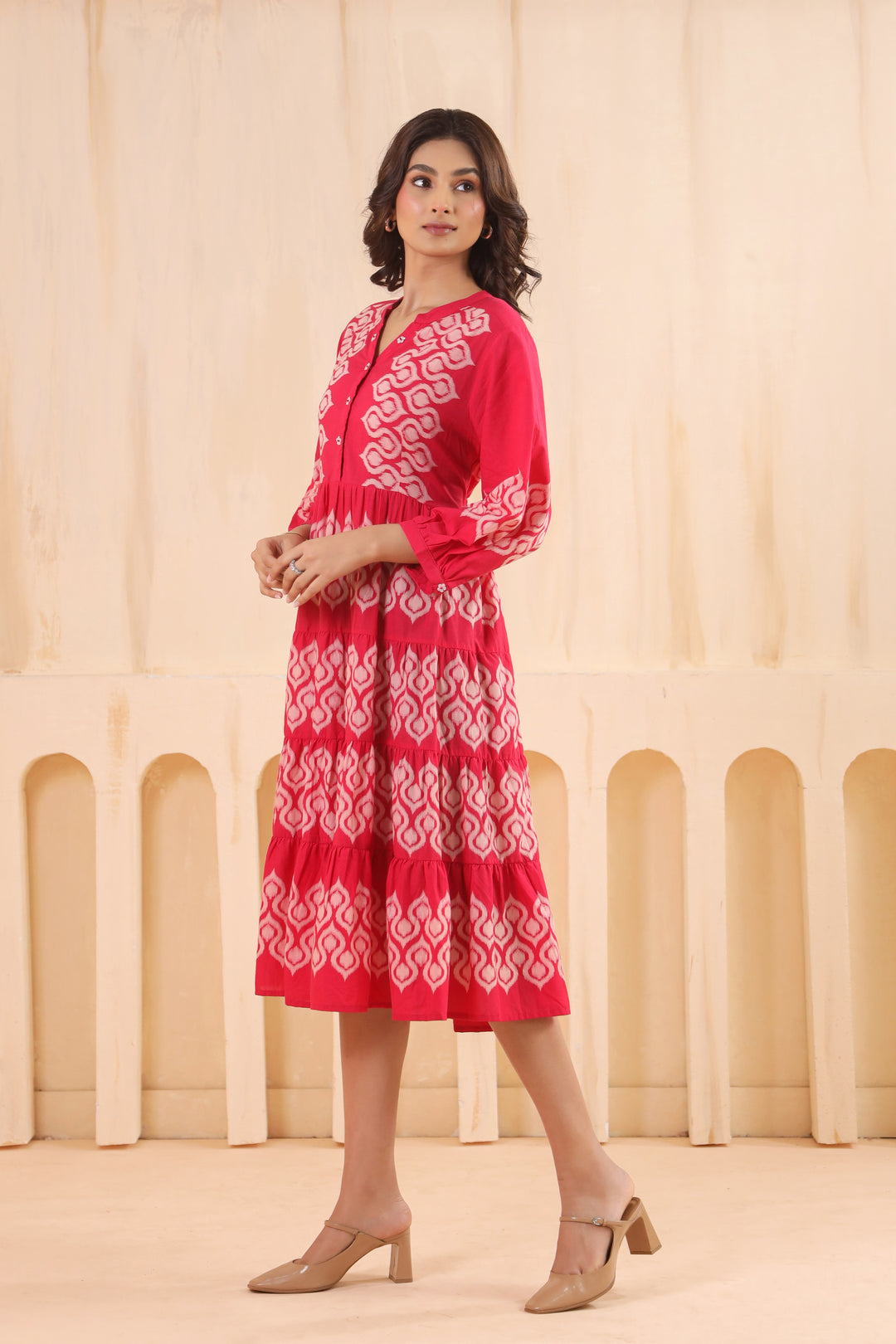 Pink Cotton Embroidered Designer Flared Dress