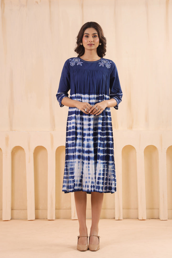 Blue Cotton Embroidered Designer Dress