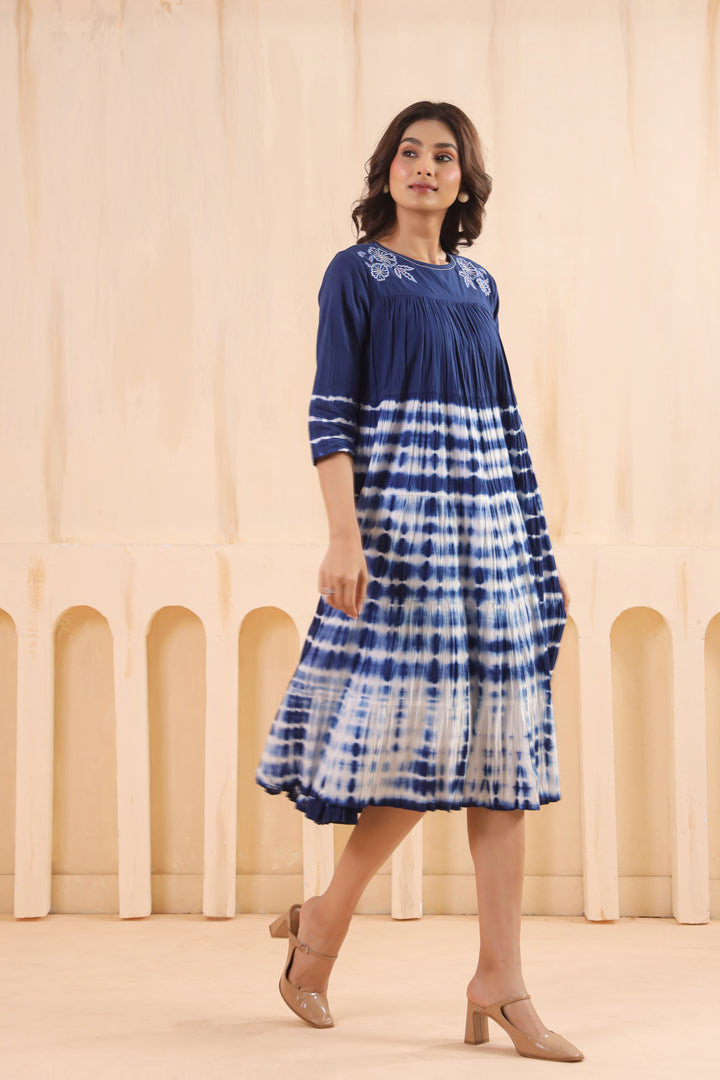 Blue Cotton Embroidered Designer Dress